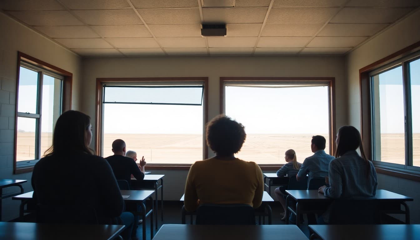Nebraska plains school building near a meatpacking town with flat agricultural land stretching to the horizon