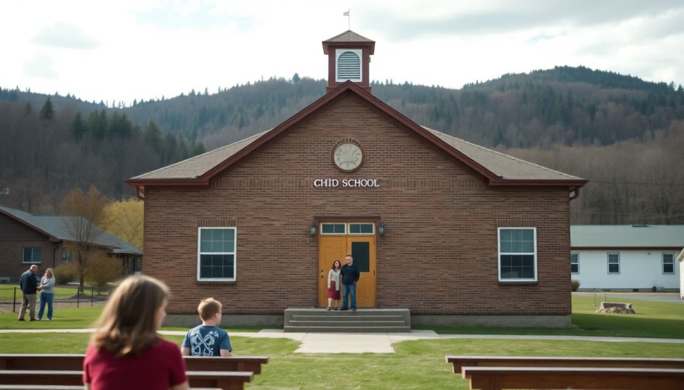 Ohio Appalachian school building in a small hill county town with forested ridges in the background