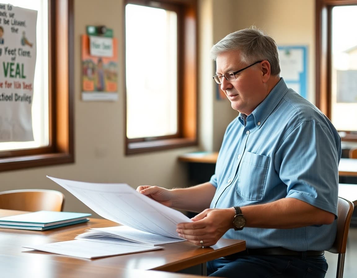An Oklahoma rural school principal reviewing communication materials for tribal community and agricultural families