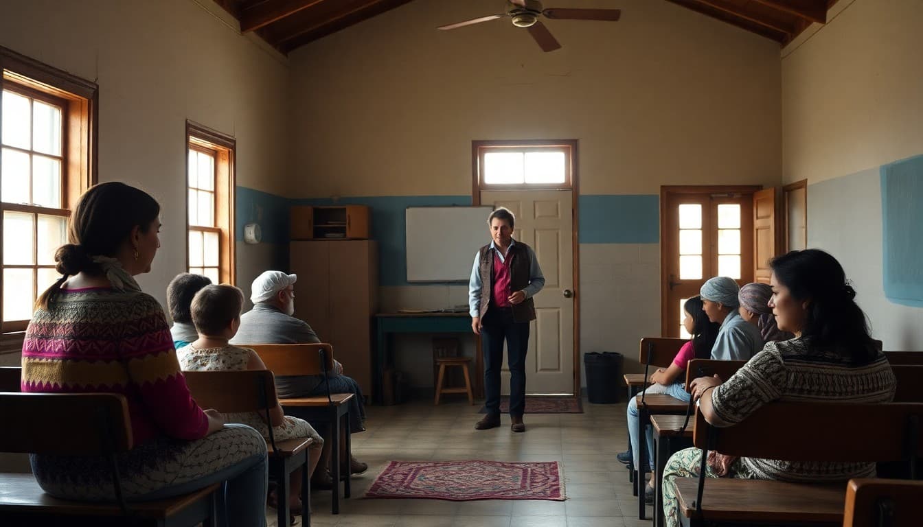 An Oklahoma rural school building near red clay hills with a teacher communicating with Native American and farming families