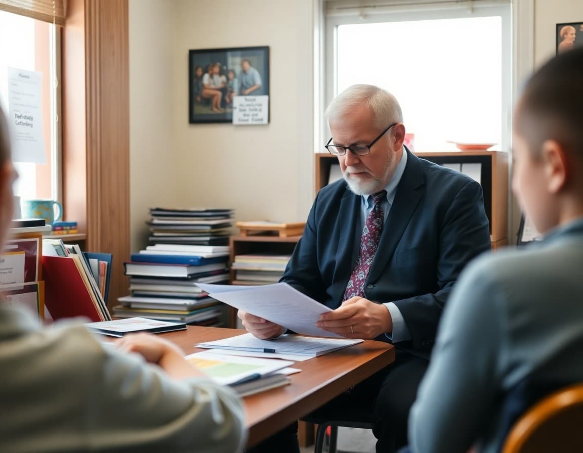 A Pennsylvania coal region school principal reviewing family communication materials in a small school office