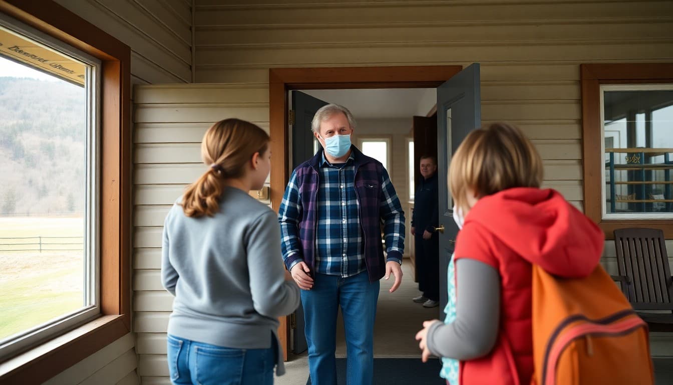 A Pennsylvania rural school in the northern tier near forested hills with a teacher greeting families outside