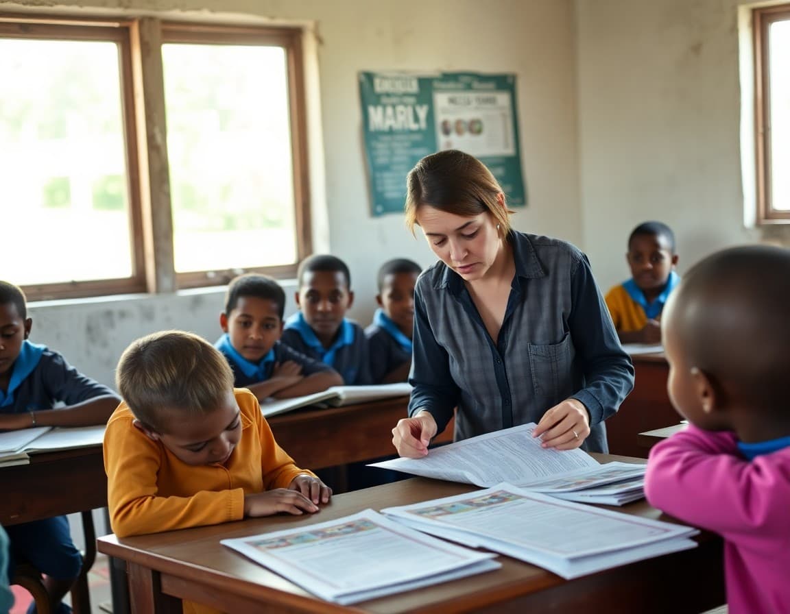 Teacher in a remote school preparing newsletter materials for students to carry home to families