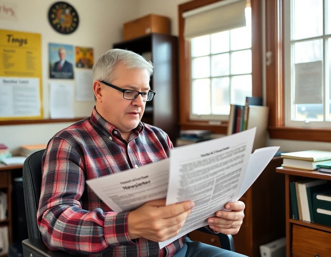 A small Rhode Island rural school principal reviewing family newsletter materials in a cozy school office