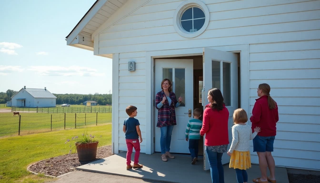 A Rhode Island rural school in Washington County near farmland with a teacher welcoming families at the entrance