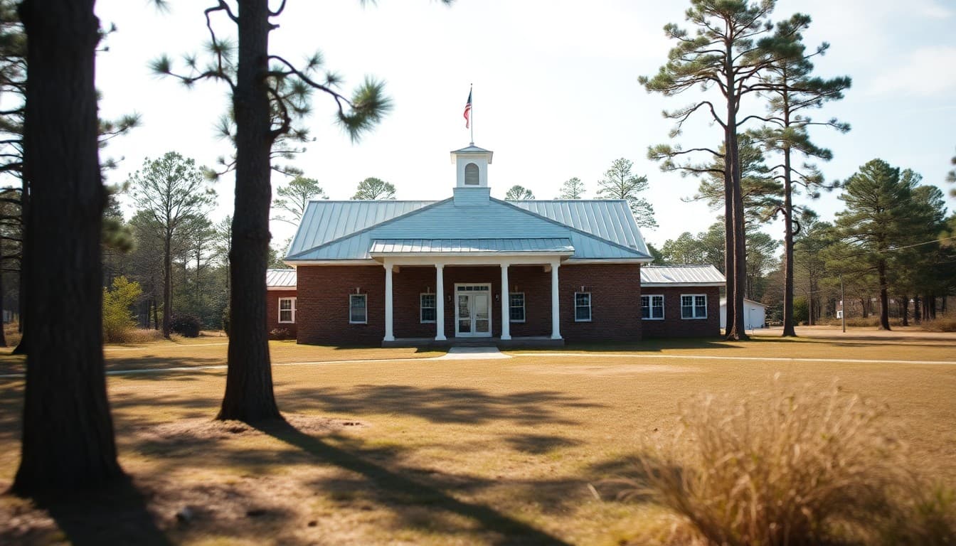 South Carolina Lowcountry school building surrounded by pine trees and marsh in a rural community
