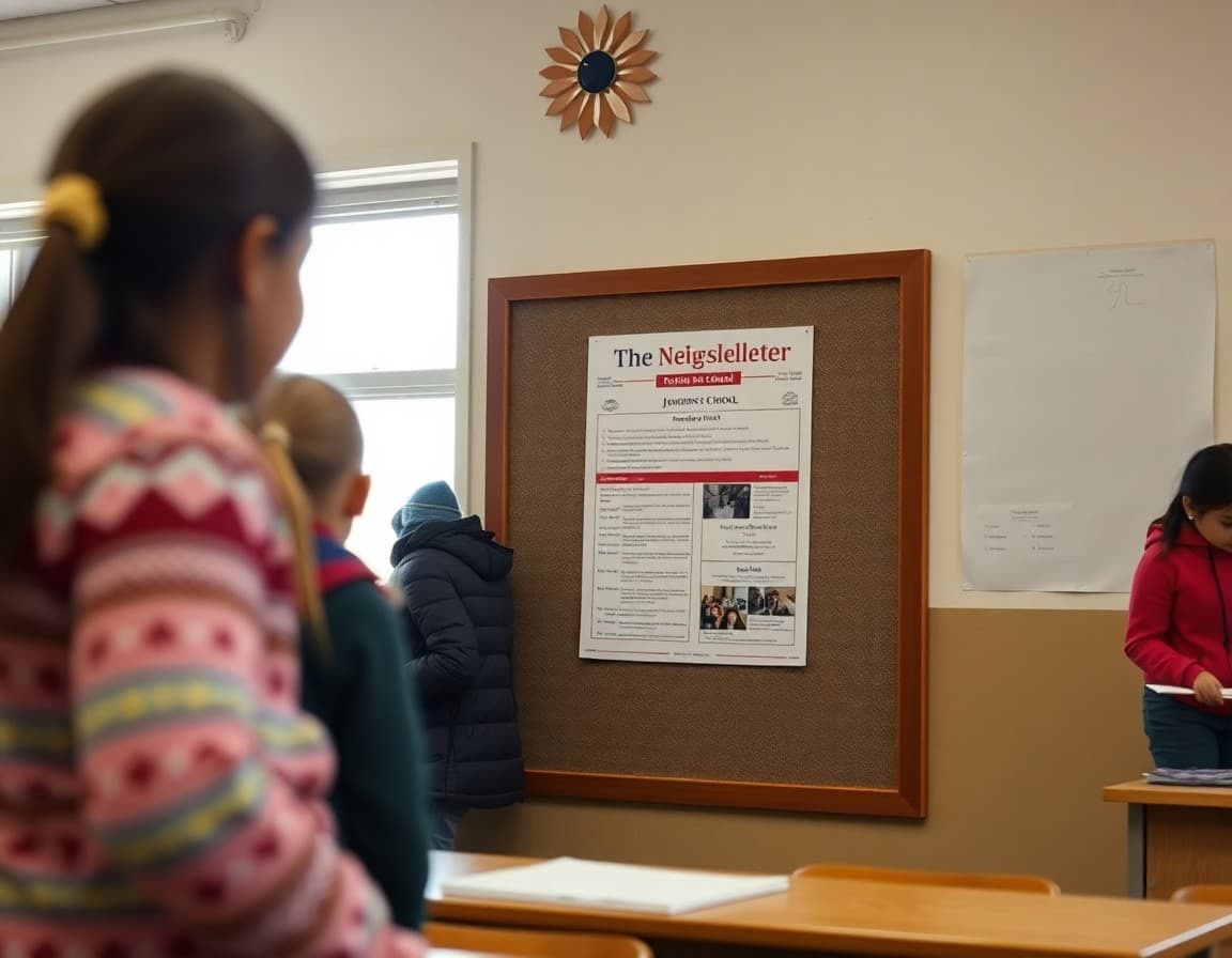 Newsletter on a bulletin board in a South Dakota tribal school on the Pine Ridge reservation