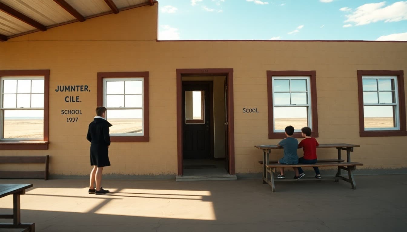 South Dakota rural school building near Pine Ridge reservation with open grassland and sky visible