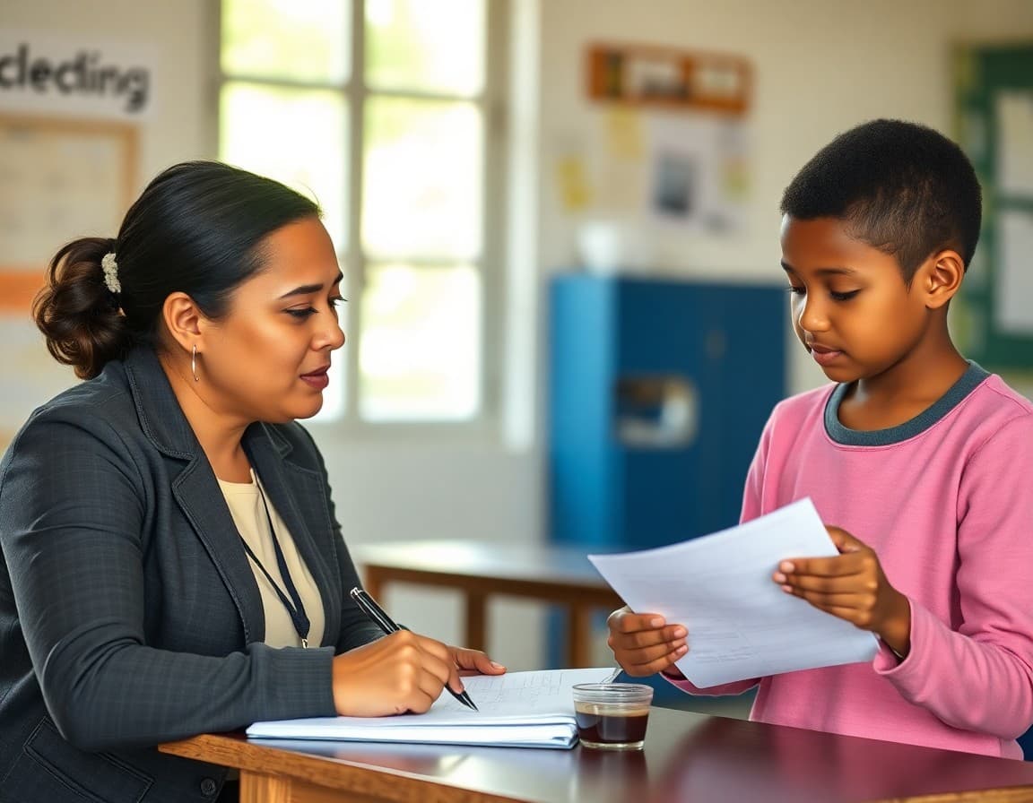 Teacher reviewing academic records with a newly enrolled seasonal worker family student at school