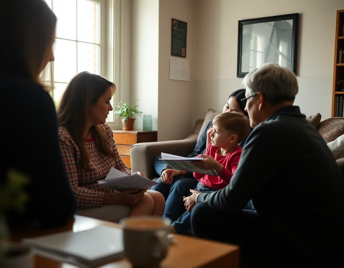 School family liaison helping parents understand their child's academic progress at a home visit