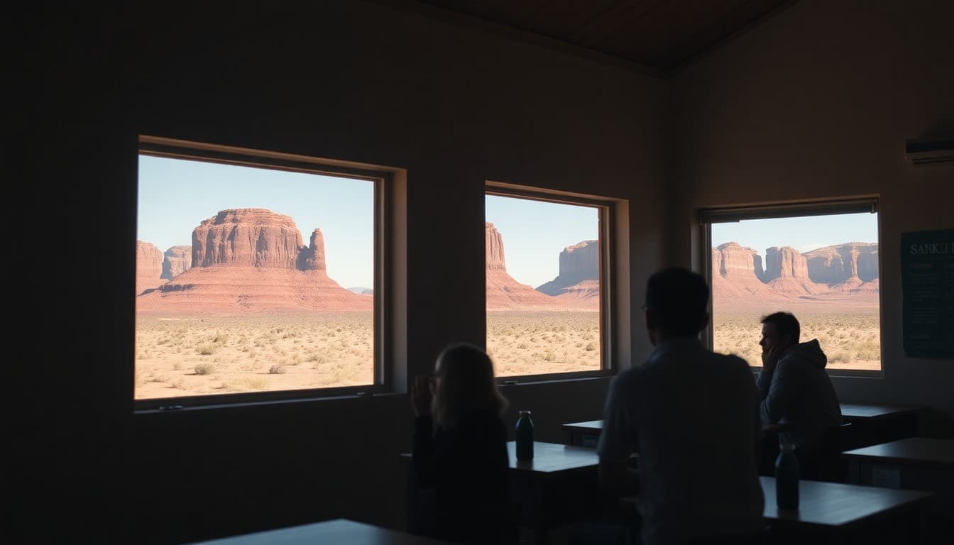 Utah rural school building in canyon country near Monument Valley with red rock formations visible