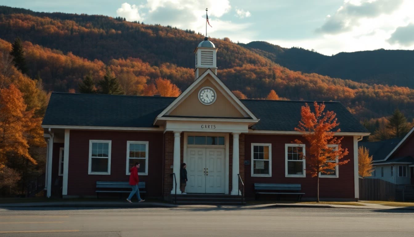 Vermont Northeast Kingdom school building in a small town surrounded by fall foliage and hills