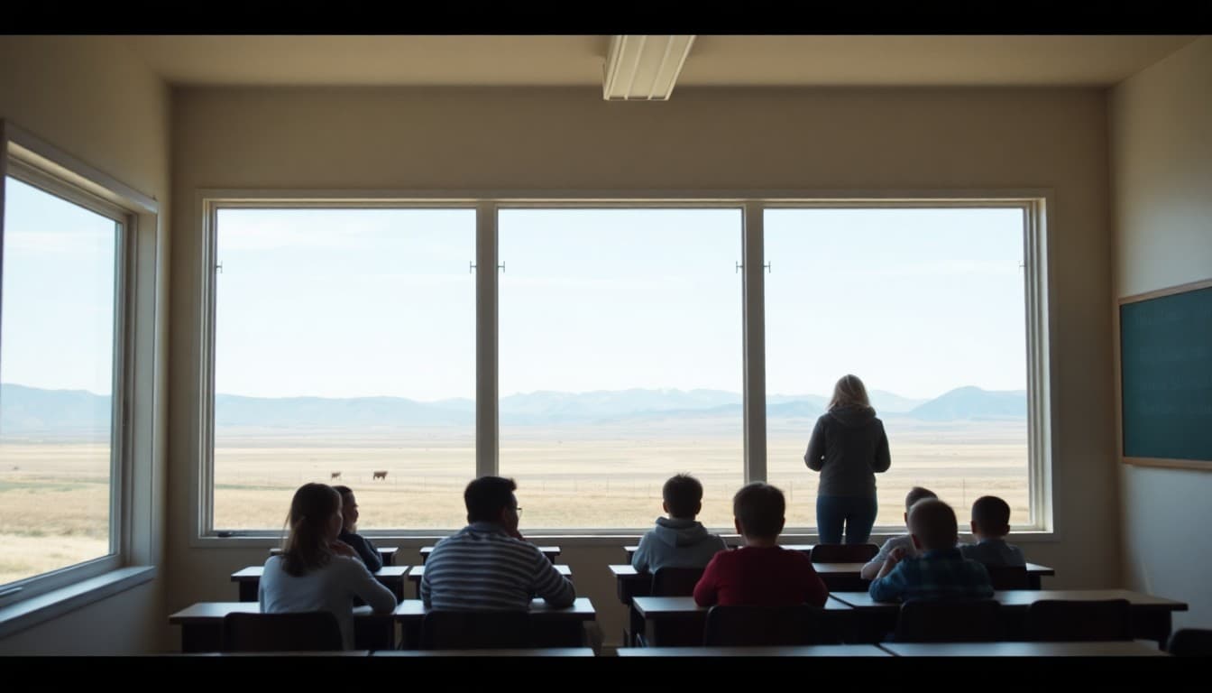A Wyoming rural school in a high plains valley with ranch land stretching to distant mountains in the background
