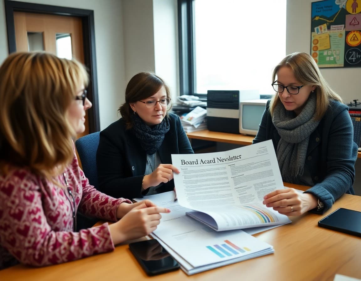 District communications staff reviewing a board newsletter draft in an Alaska school district office