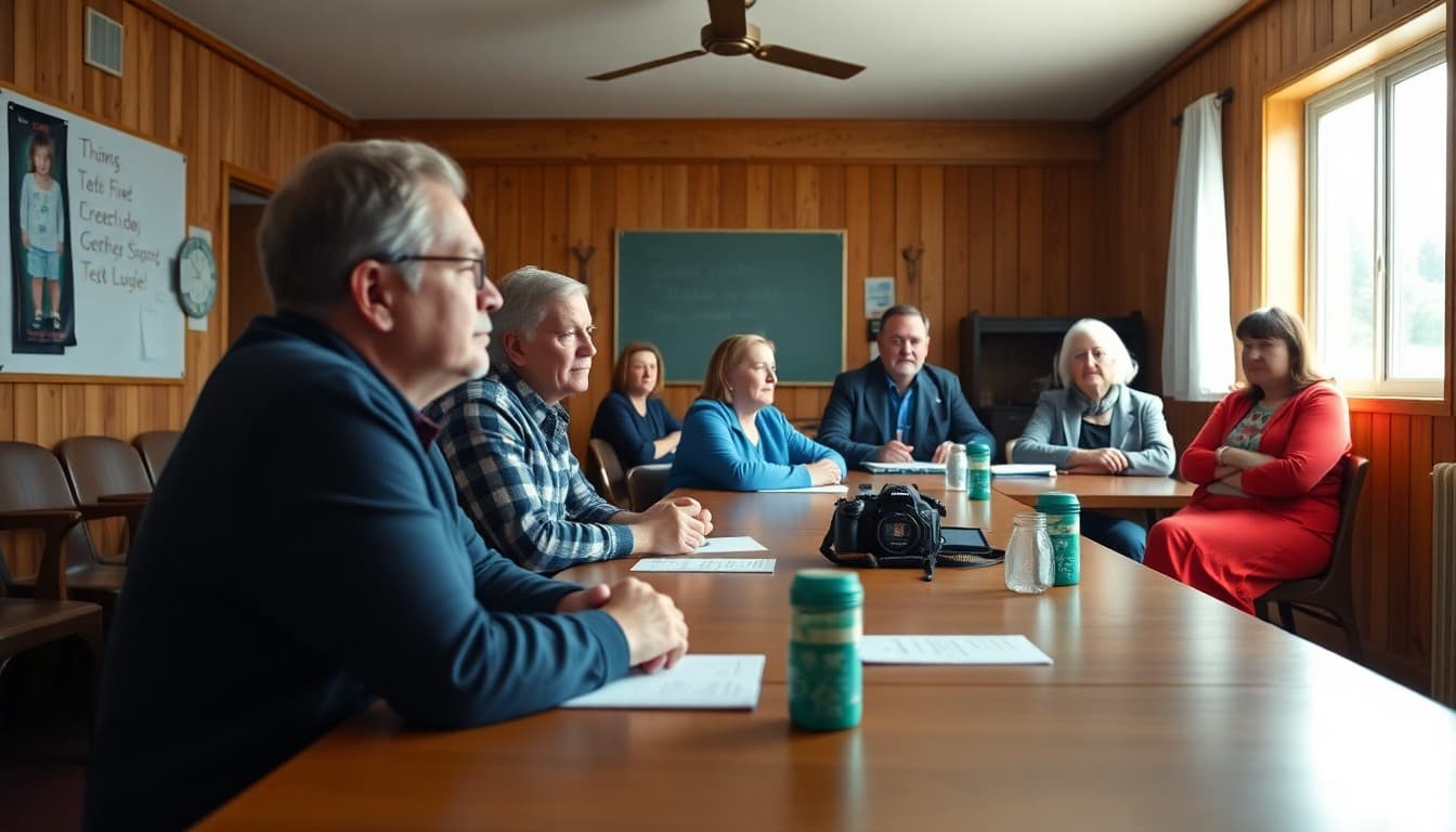 Alaska school board meeting in a rural community hall with families and board members present