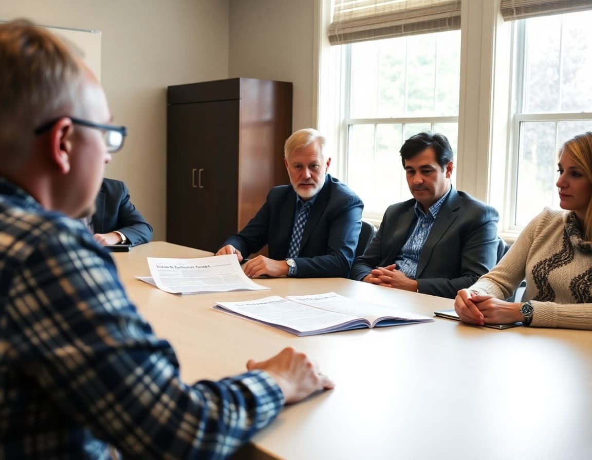 District administrator reviewing a board newsletter draft at a conference table in Alabama