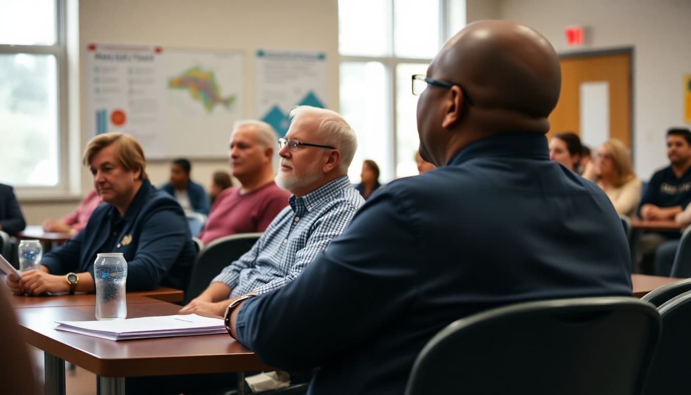 Alabama school board members seated at a public meeting with community members in attendance