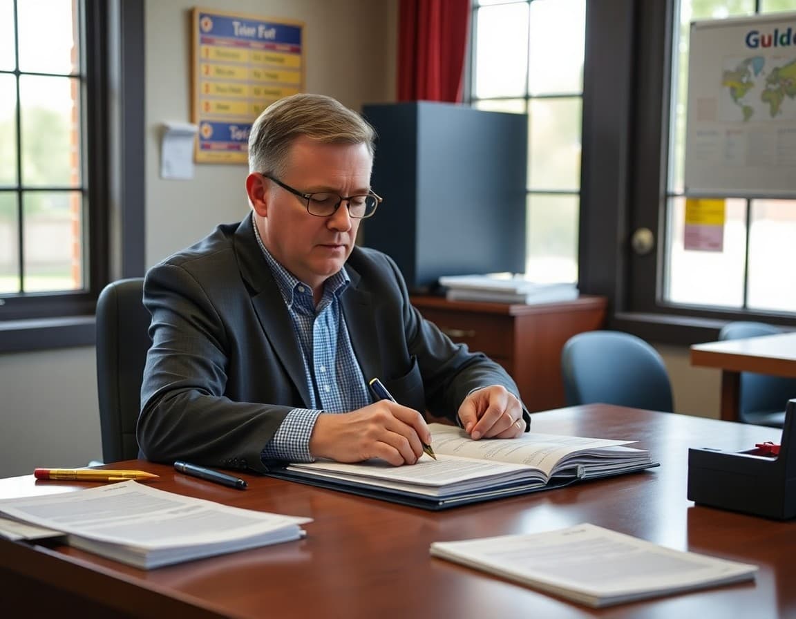 Arkansas district administrator drafting a school board newsletter at a desk with meeting minutes nearby