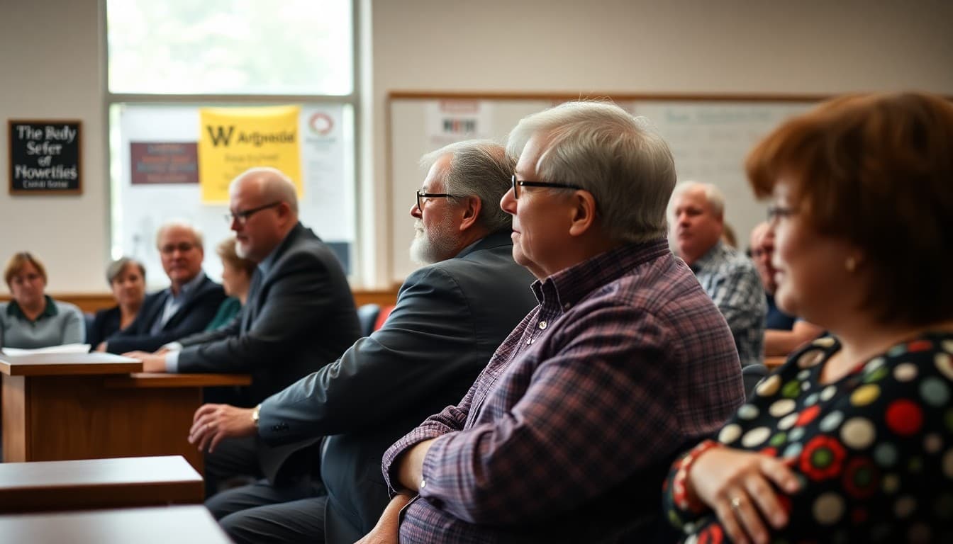 Arkansas school board members at a public meeting with community members seated in the audience