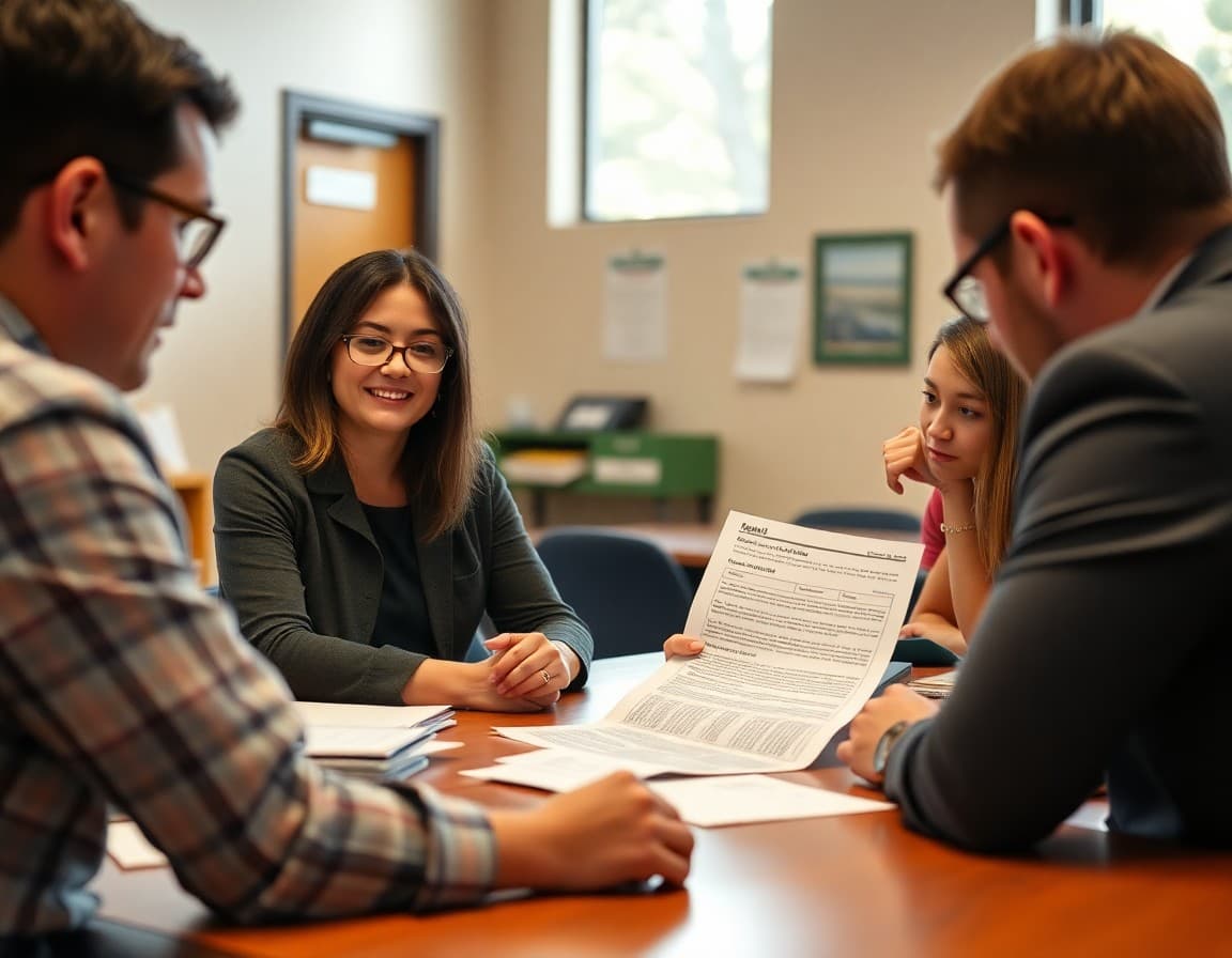 California district communications director reviewing board newsletter content at a conference table