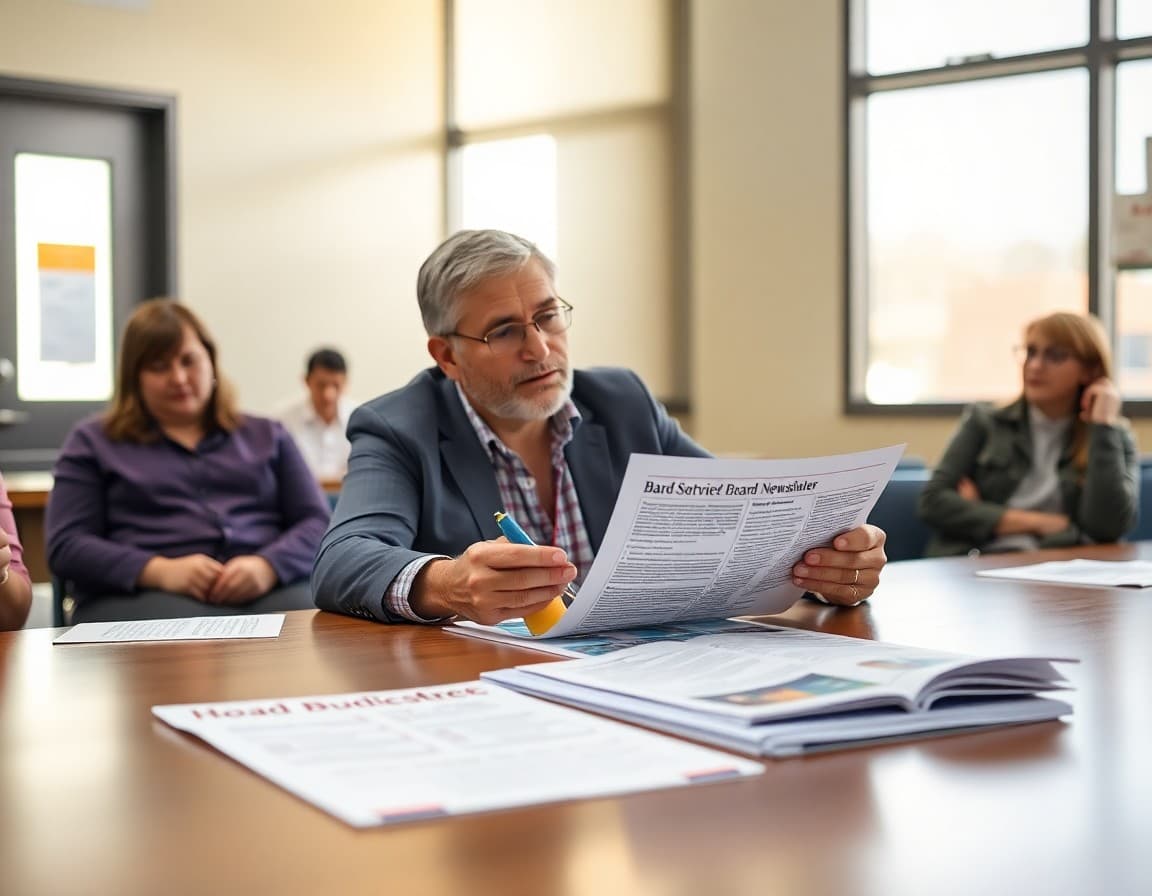 Colorado district administrator reviewing a board newsletter at a conference table with budget documents
