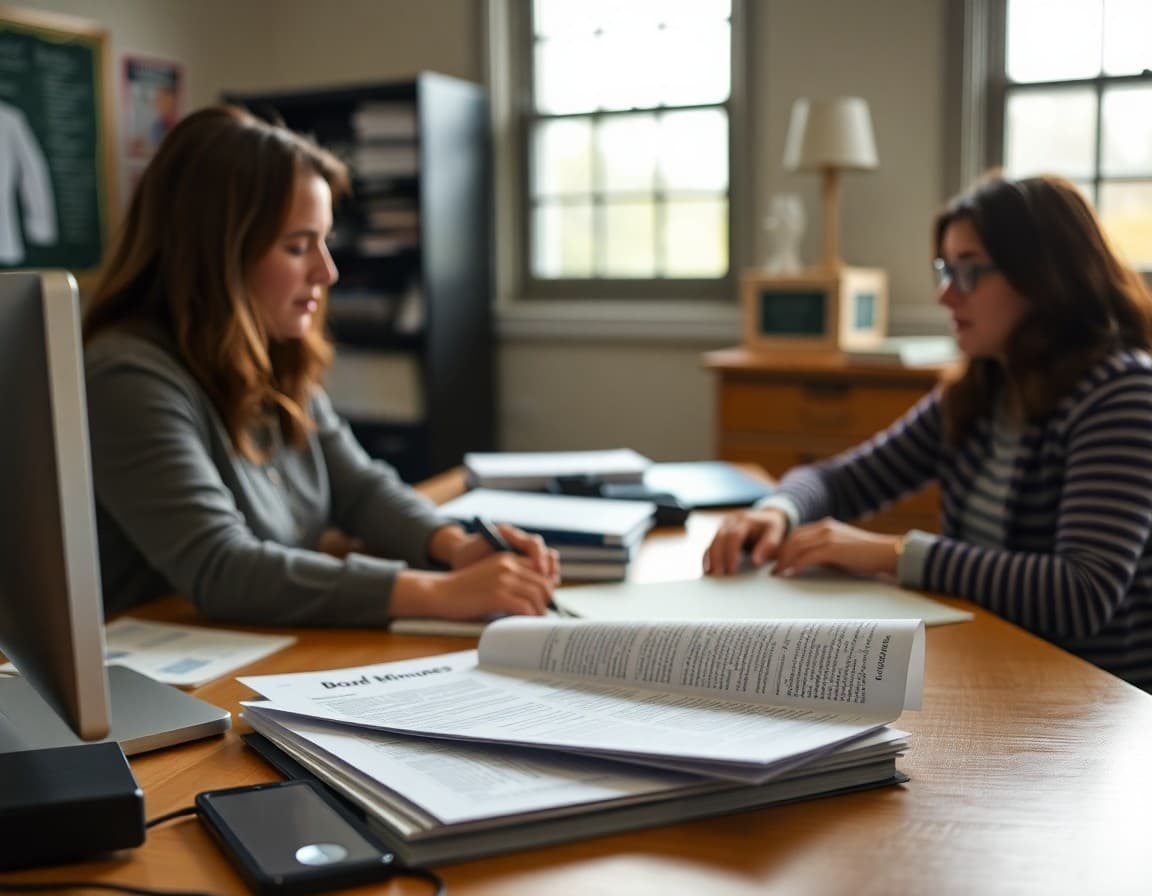 Connecticut district communications staff working on a board newsletter with meeting minutes on a desk