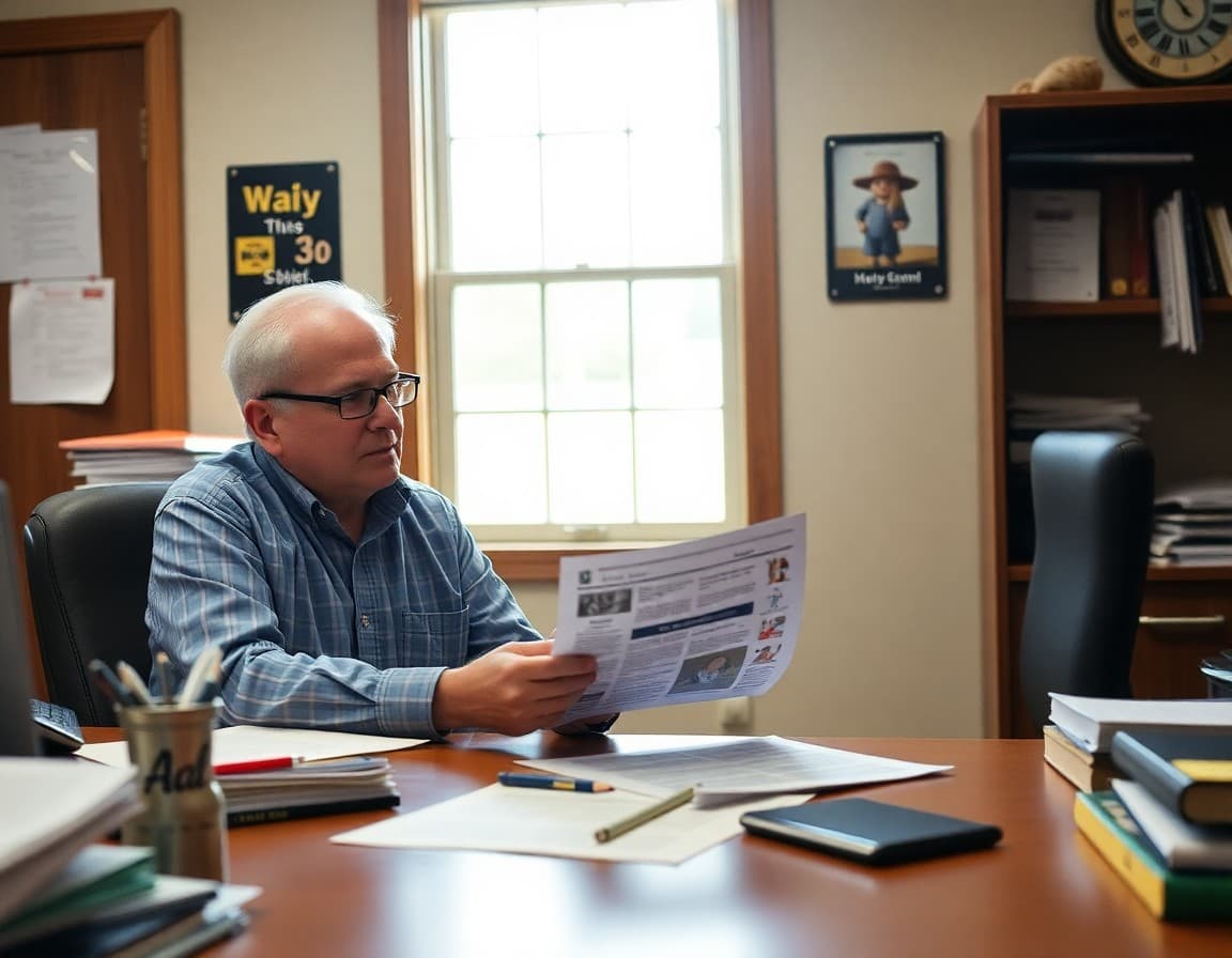 Idaho district administrator reviewing school board newsletter content at a rural district office desk