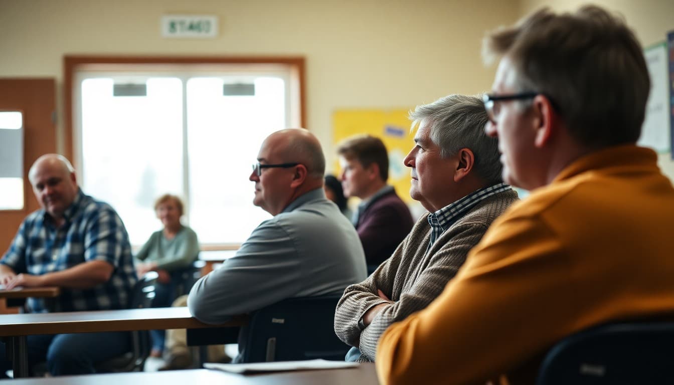 Idaho school board members at a public meeting in a rural community school with families in attendance