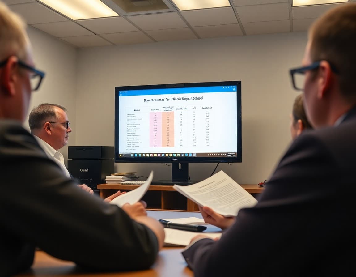 Illinois district administrator reviewing board newsletter content with Illinois Report Card data on screen