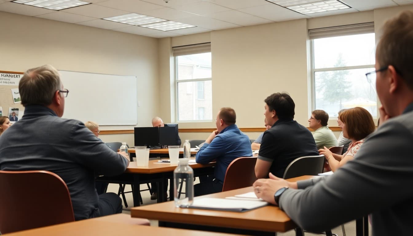 Illinois school board meeting with community members and board members in a suburban district meeting room