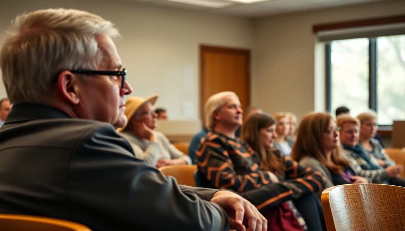 Kansas school board members at a public meeting with community families seated in the audience