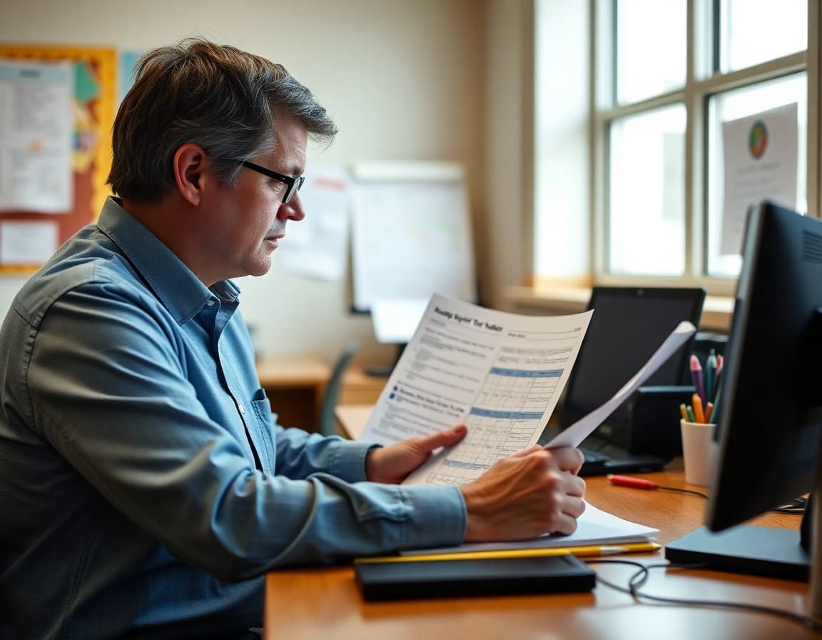 Kentucky district administrator reviewing a board newsletter draft with Kentucky report card data at their desk
