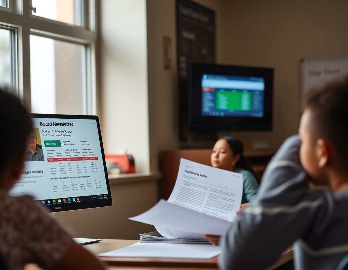 Louisiana district administrator reviewing a board newsletter with Louisiana school performance scores on screen