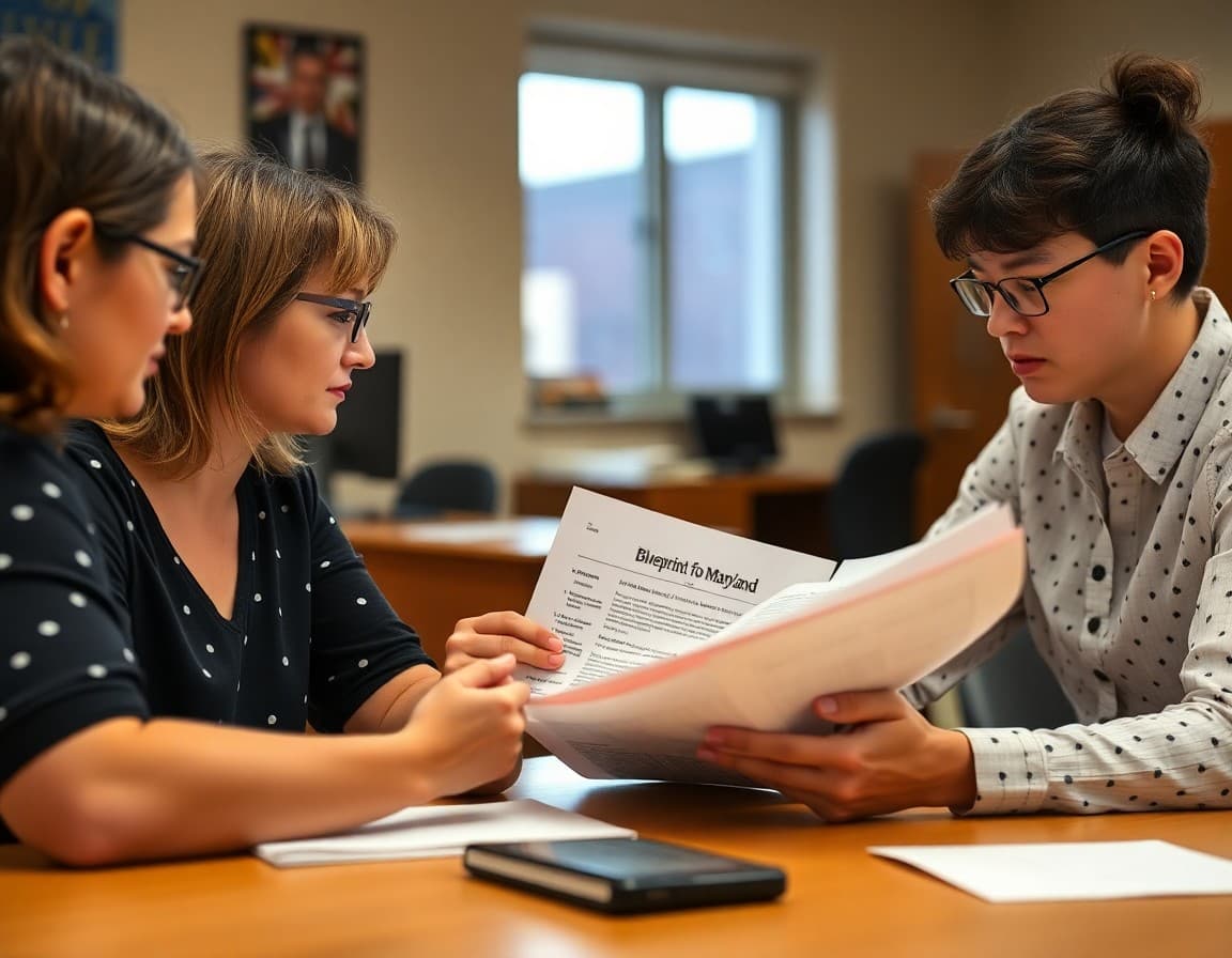 Maryland district communications staff reviewing board newsletter content with Blueprint for Maryland implementation data