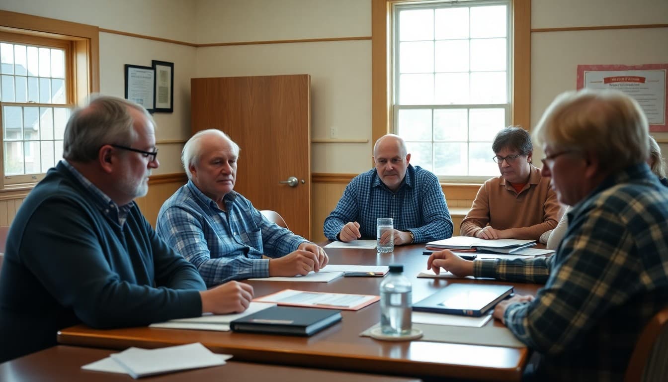 Maine school board members at a community meeting in a small rural Maine school building
