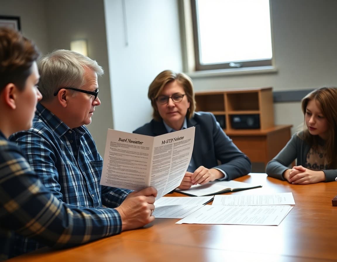 Michigan district administrator reviewing board newsletter content with M-STEP data at a conference table