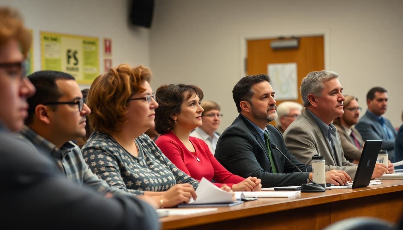Michigan school board members at a public meeting with families and community members in attendance