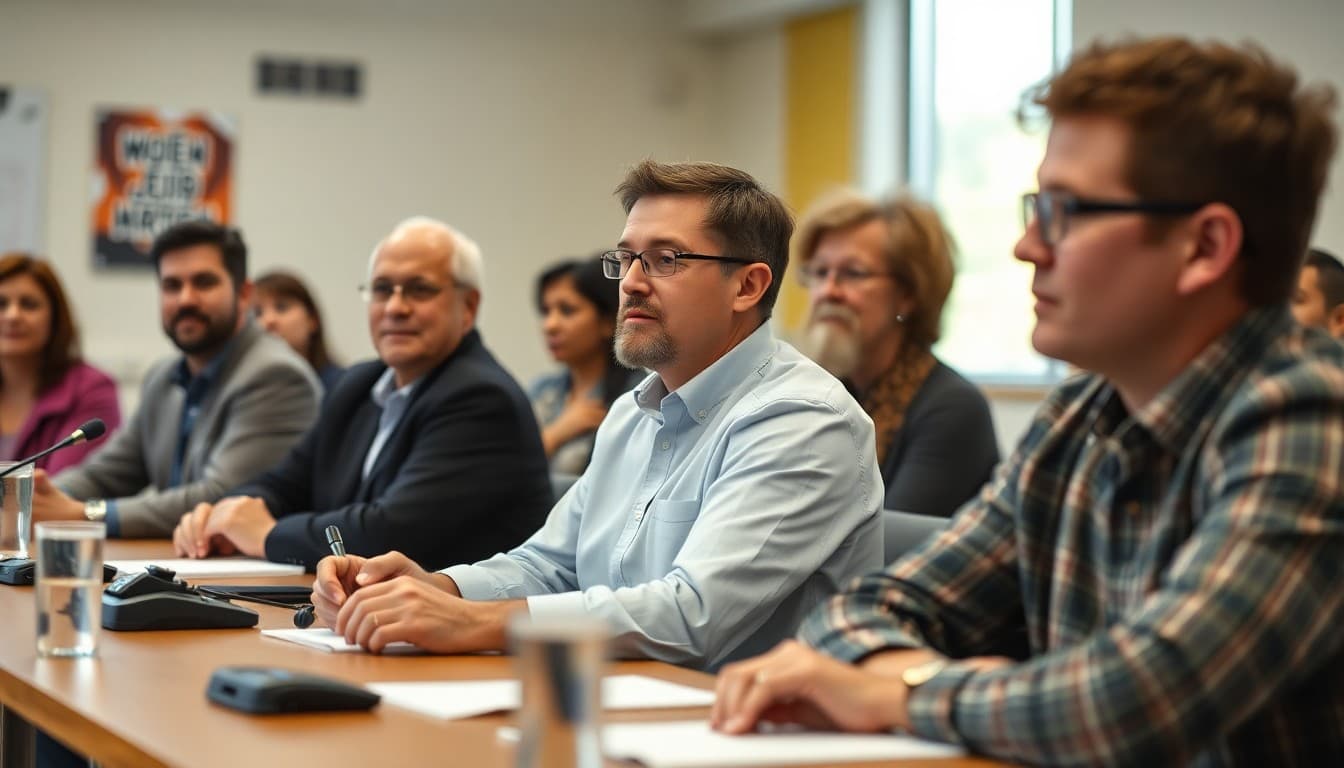 Minnesota school board members at a public meeting with a diverse community audience present