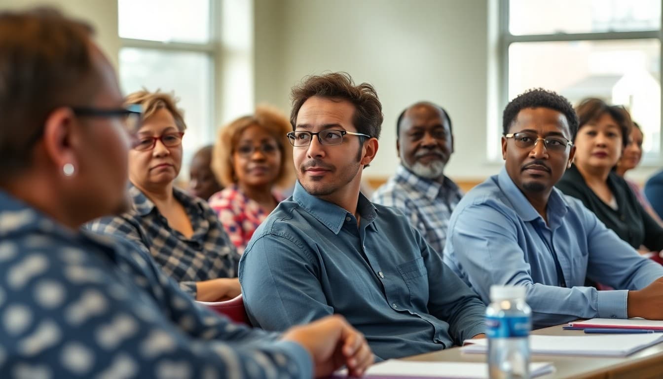Mississippi school board members at a public meeting with community families and school staff present