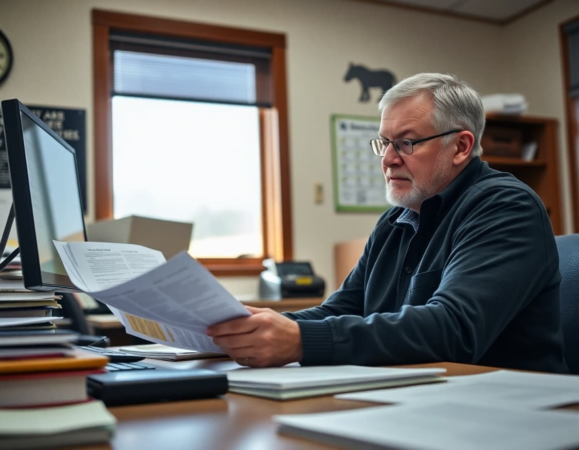 Montana district administrator reviewing board newsletter content at a desk in a rural Montana school district office