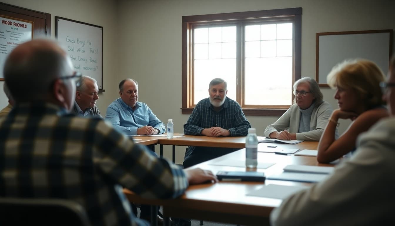 Montana school board members at a community governance meeting in a rural Montana school building
