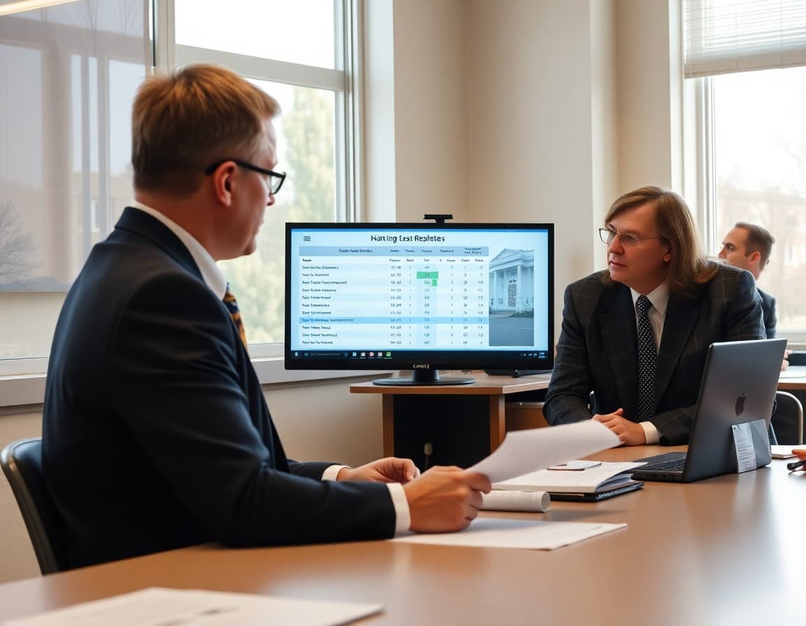 North Carolina district administrator reviewing board newsletter content with North Carolina school performance grades on screen