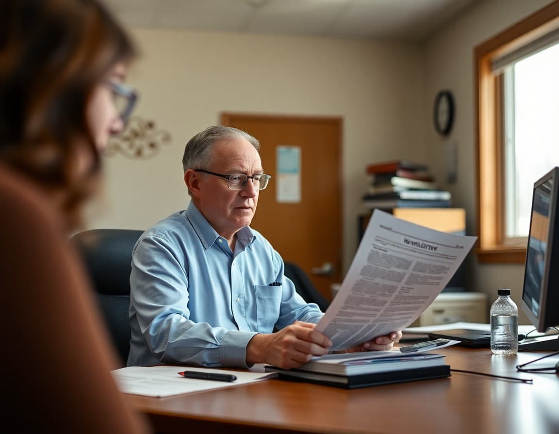 North Dakota district administrator reviewing board newsletter content at a desk in a rural North Dakota district office