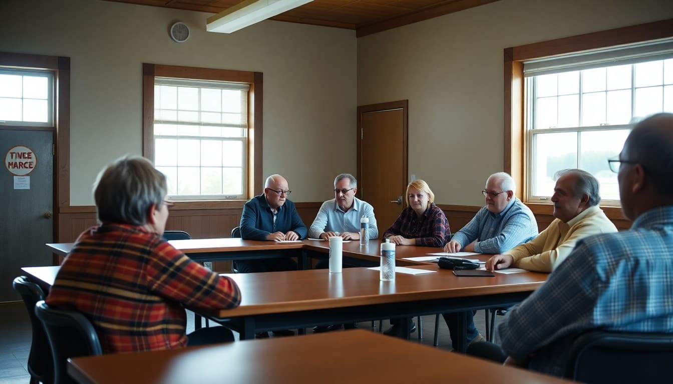 North Dakota school board members at a community governance meeting in a small-town school building