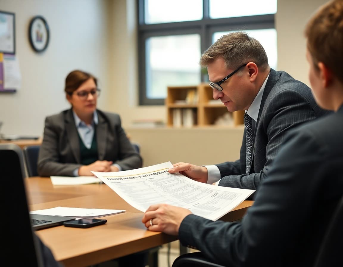 Nebraska district administrator reviewing board newsletter content with Nebraska assessment data at a conference desk