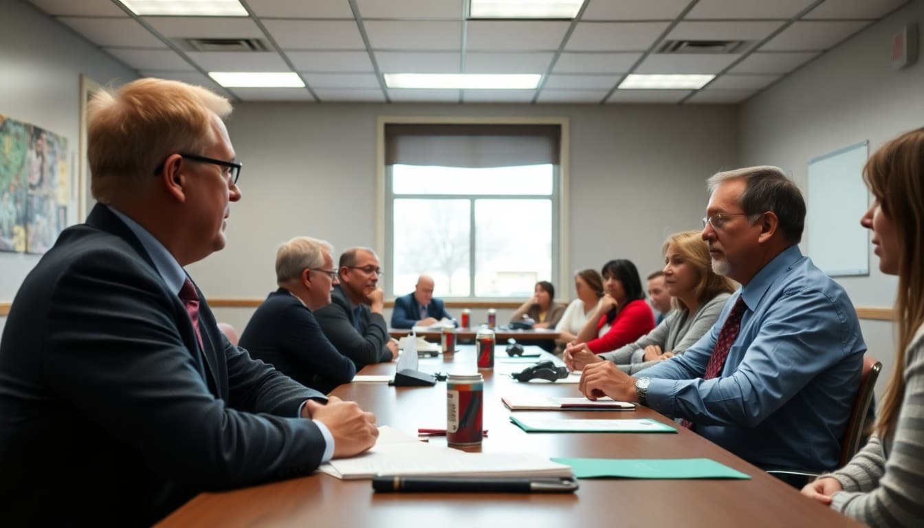 Nebraska school board members at a public meeting with community families present in a school district meeting room