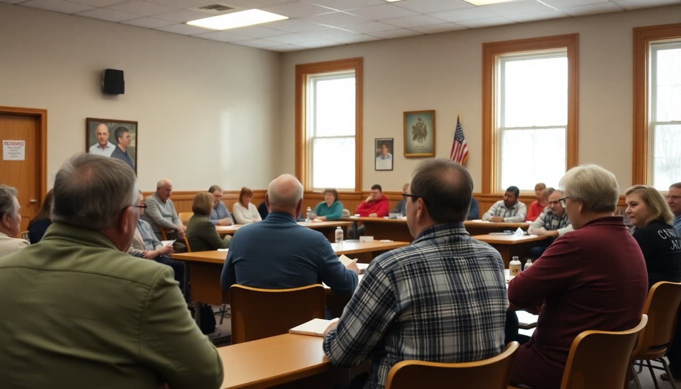 New Hampshire school board meeting in a town hall setting with community members and board members present