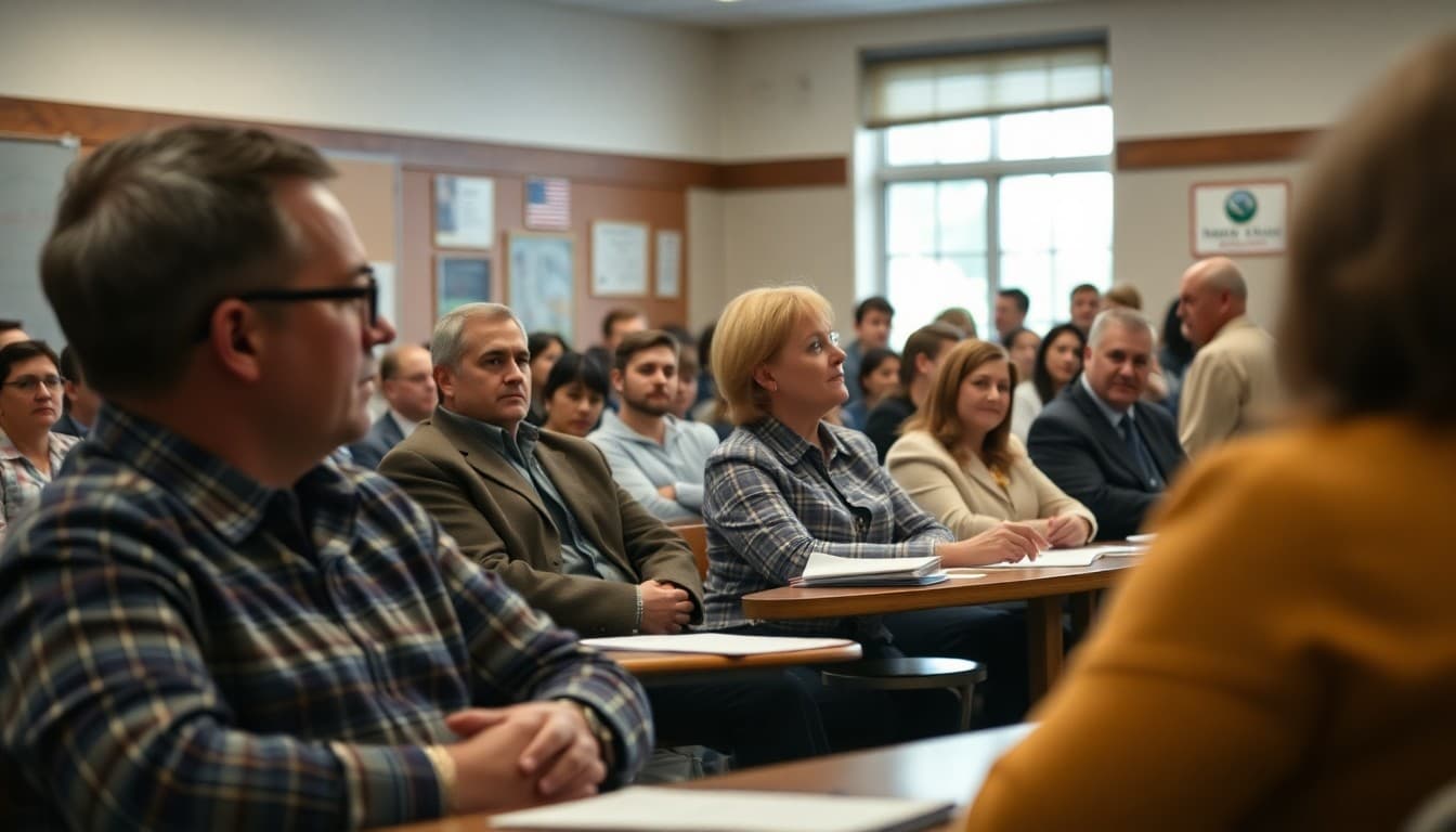 New Jersey school board members at a public meeting with a large, engaged community audience present