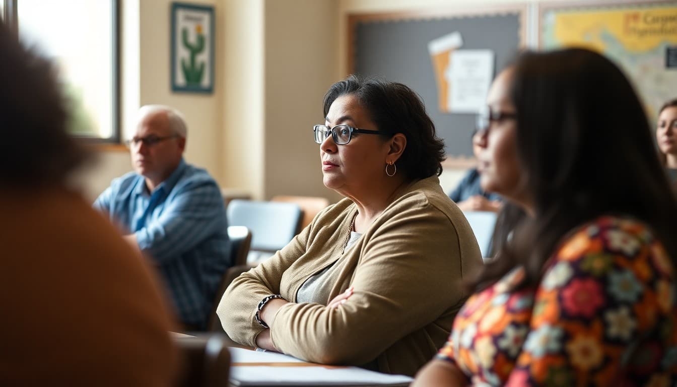 New Mexico school board members at a public meeting with diverse community families and staff present