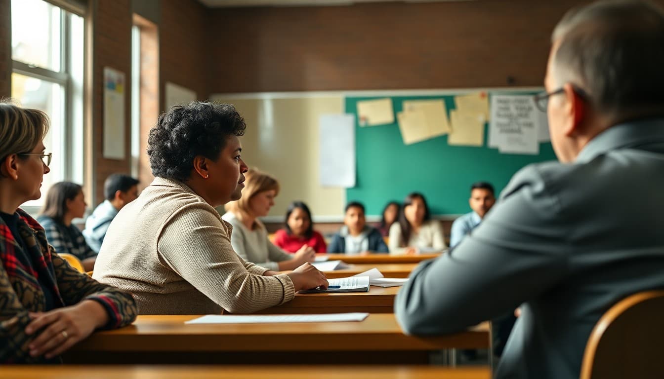 New York school board members at a public meeting with community members and parents in attendance